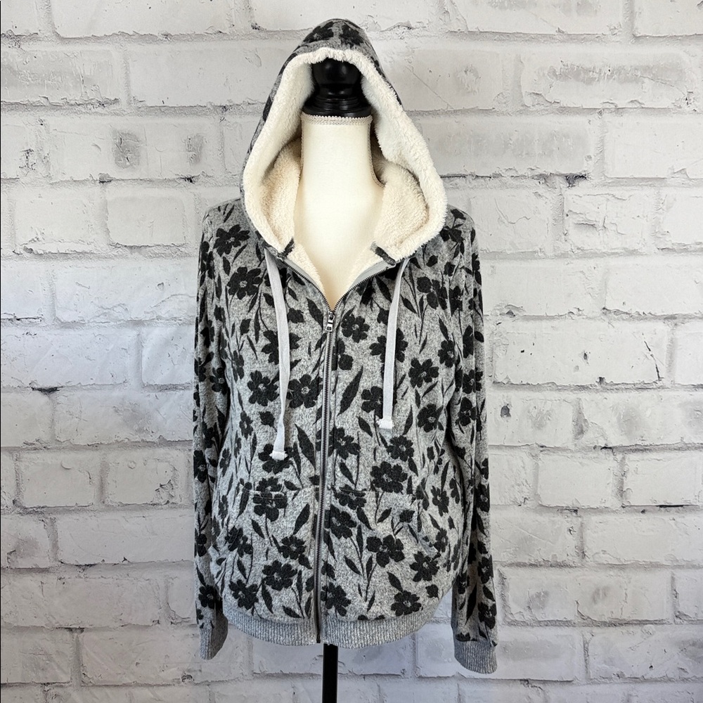 B Collection by Bobeau Faux Fur Sherpa Lined Floral Zip Front Hoodie Gray Black